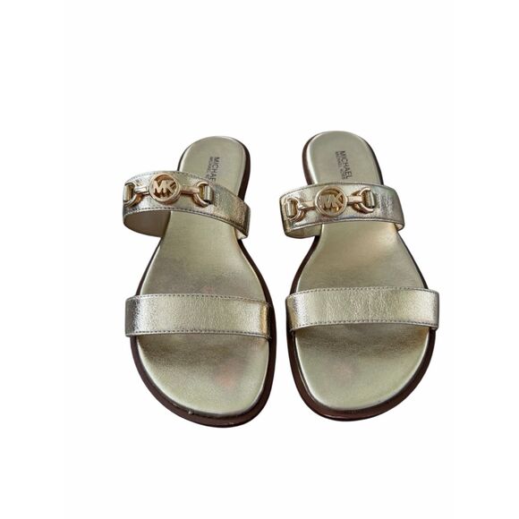 Michael Kors Gold Slides Size 8 Double Strap Logo - Picture 1 of 5